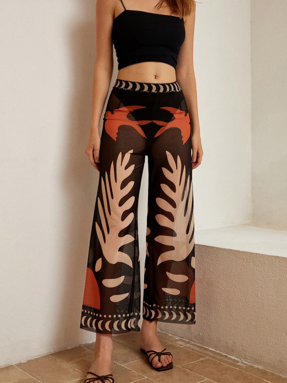 86 Bird Print Sheer Mesh Pants